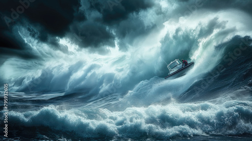 A painting showcasing a boat struggling against the raging waves of a stormy ocean.
