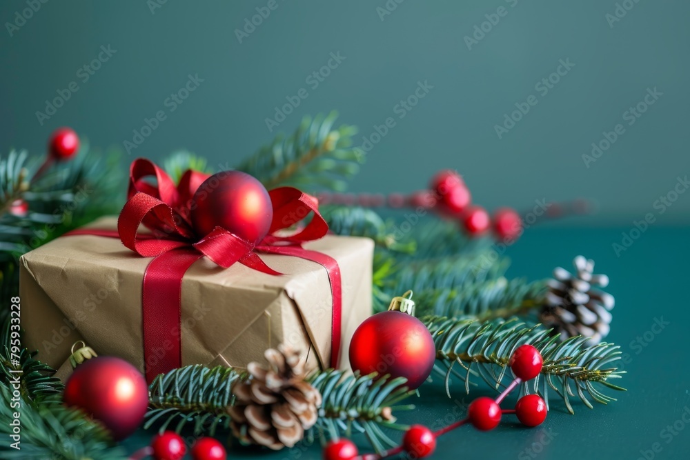 Christmas decorations and gift on green background Christmas decorations and gift on green background