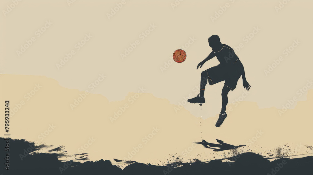 Silhouette of a football player kicking a ball - Captivating silhouette of a soccer player in action kicking a ball against a sunset background