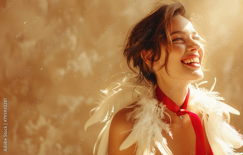 Beautiful woman with red ribbon and white feathers around neck, laughing, smiling, beautiful background