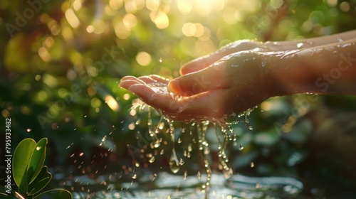 Hands in cupped form taking water from a lake or water source, AI generated image.