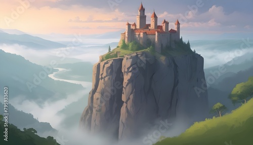 Nestled among mist-shrouded peaks, the castle exudes an aura of enchantment and mystery, its silhouette rising against the backdrop of craggy cliffs and dense forests. photo