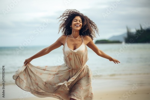 A firm Micronesian woman enjoy dance laughing portrait beach. photo