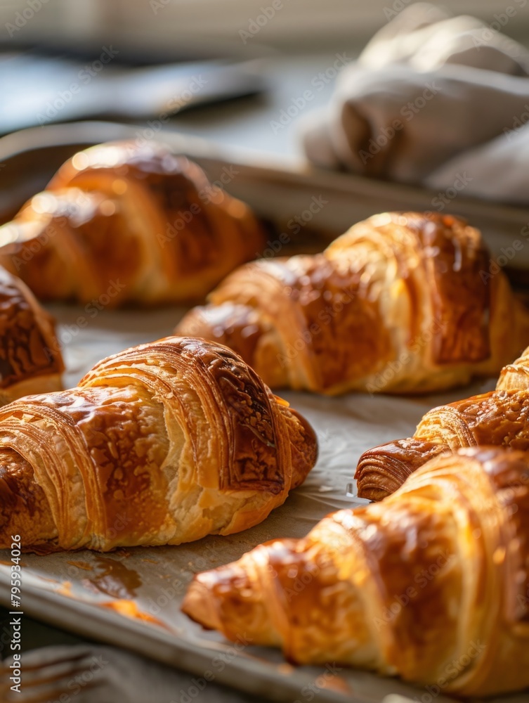 Freshly baked croissants on a tray close-up - Golden croissants on a metal tray reflecting the warmth of a bakery The focus on the flaky texture and golden crust