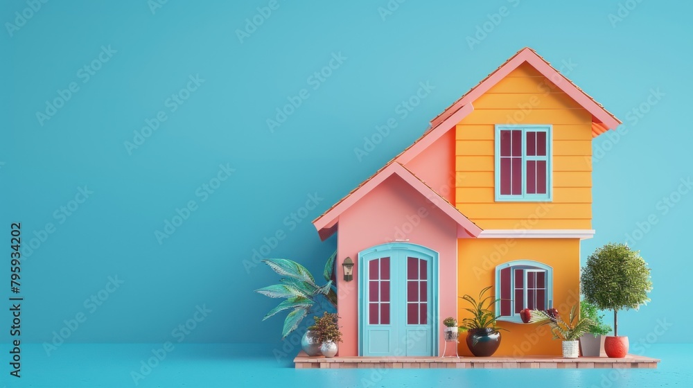 3d Small house with blue background, Minimalist design, AI Generated