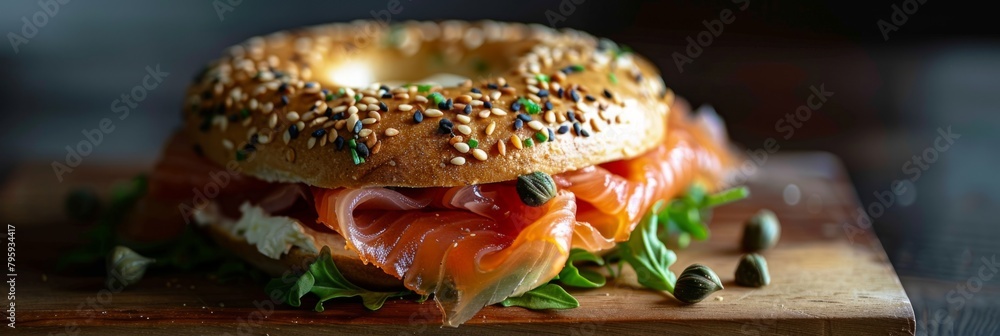 Salmon bagel sandwich on wooden cutting board - Sesame seed bagel with smoked salmon, cream cheese and fresh greens on rustic wooden board
