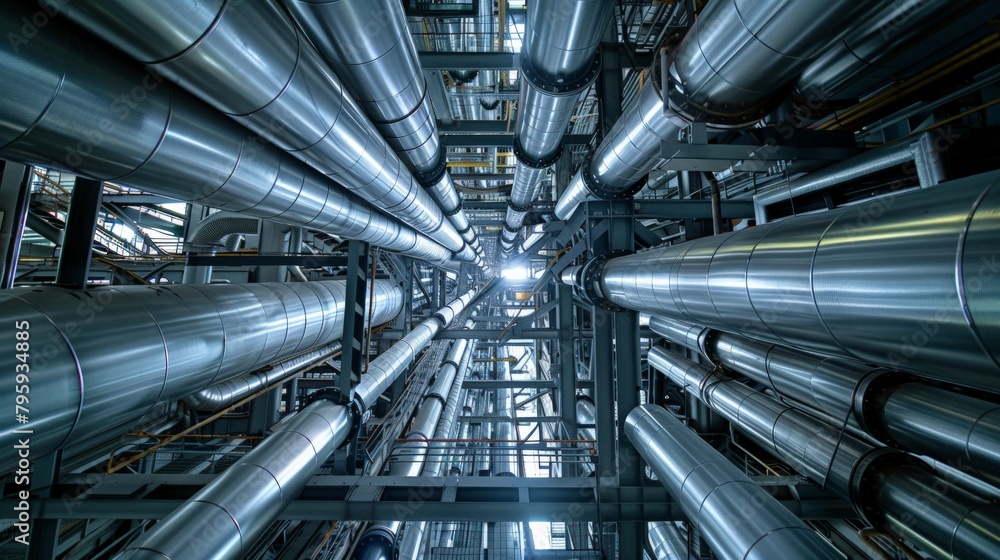 An intricate array of steel pipelines and valves overhead in an energy plant, shot from below An intricate array of steel pipelines and valves overhead in an energy plant, shot from below