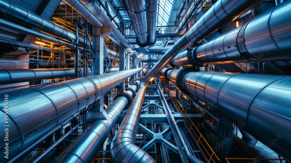 An intricate array of steel pipelines and valves overhead in an energy plant, shot from below An intricate array of steel pipelines and valves overhead in an energy plant, shot from below