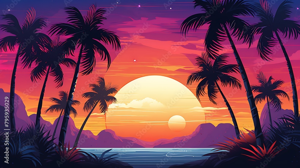 a beach scene and palm trees