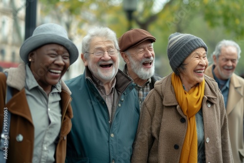 Portrait of happy senior people walking in the street. Group of cheerful senior friends having fun outdoors. photo