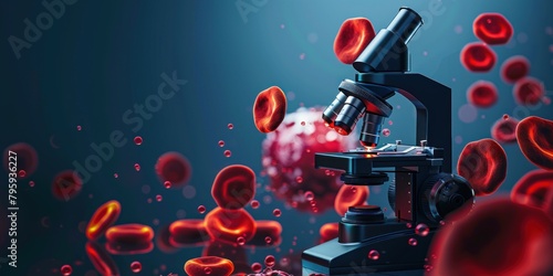 Science background wallpaper with 3D microscope icons and flying red blood cells, depicting the concept of blood cancer cell research