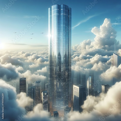 Concept of tallest building in the world that is made out of glass and reached the hight of clouds wallpaper photo