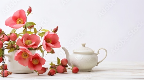 Rosehips and rose hip blossoms in a cup tea set on a white wooden table with copy space for your words.