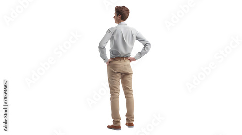 Young man in shirt and trousers, standing with his back to the camera isolated on white background With hands behind her waist