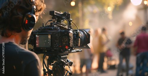 Close up of a professional video camera operator shooting film on a set with people in the background  the focus is on the camcorder and a director