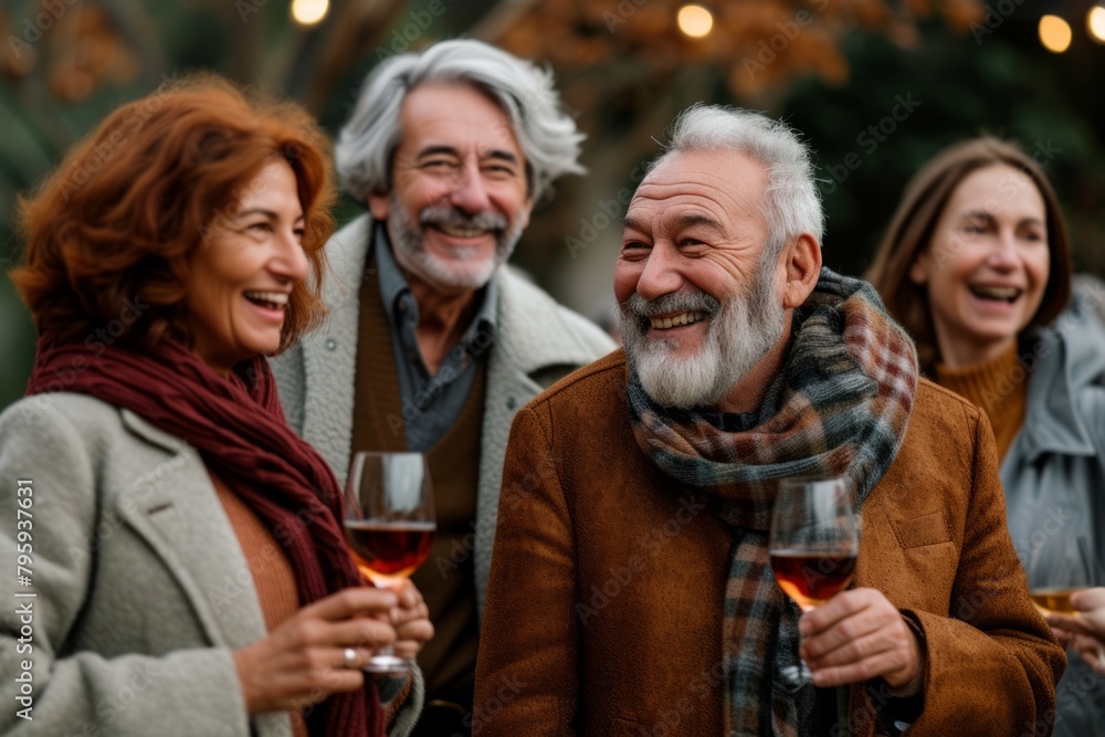 Group of happy senior friends drinking wine and having fun in the park. Group of happy senior friends drinking wine and having fun in the park.
