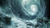Ethereal Journey Through the Icy Nexus of Realms - 3D Render of a Glowing,Otherworldly Ice Cave