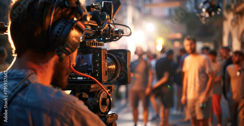 Close up of a professional video camera operator shooting film on a set with people in the background, the focus is on the camcorder and a director