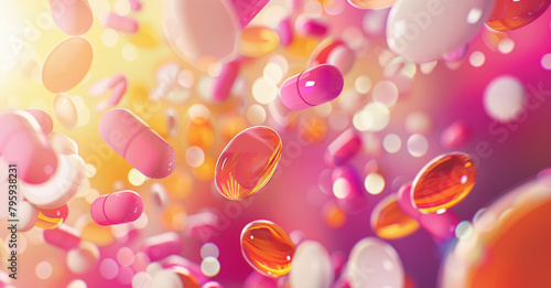 A vibrant and colorful background featuring various pills, tablets, and capsules floating in the air. The light pink background has soft shadows that highlight each pill's shape and color.