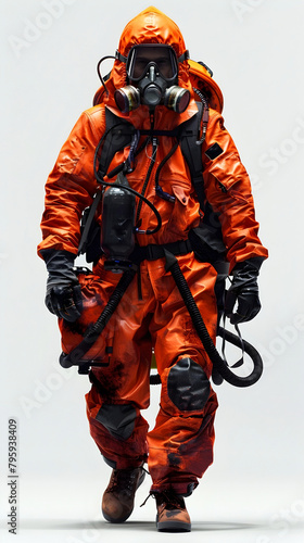 Firefighter Dressed in Orange Hazardous Material Protective Gear Preparing for Emergency Incident Response