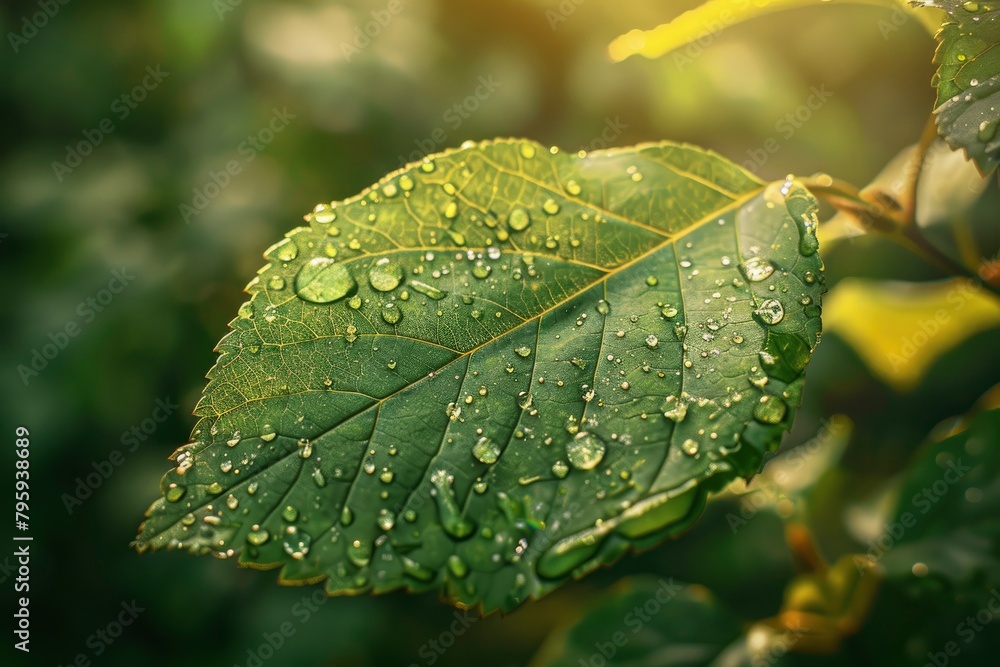 A leaf with water droplets on it. The droplets are small and scattered, giving the impression of a light rain. The leaf is green and he is fresh and healthy - generative ai A leaf with water droplets on it. The droplets are small and scattered, giving the impression of a light rain. The leaf is green and he is fresh and healthy - generative ai