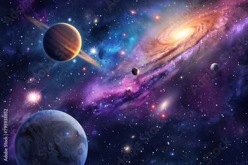 Fond de beauté de l'espace extérieur avec la spirale de la galaxie de la Voie lactée et des objets de la planète Saturne photo