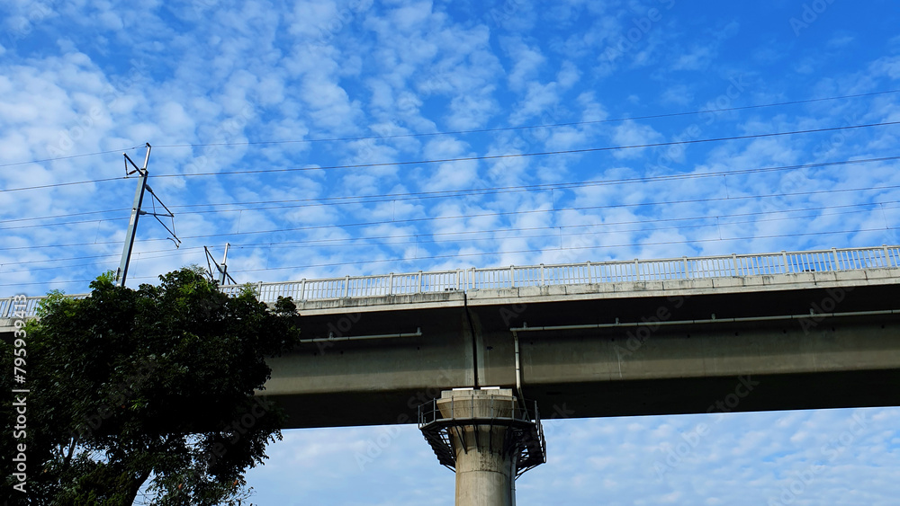 high speed rail, fast railway bridge with blue sky and clouds