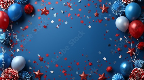 Celebrate Presidents Day with patriotic flair, featuring grosgrain ribbon American flags, confetti stars, and a blue background evoking the spirit of Independence Day, Labor Day, and Memorial Day. photo