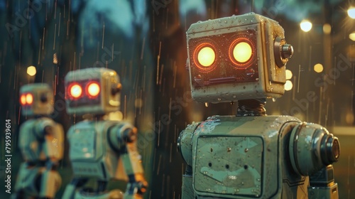 Portrait of a vintage robot Standing in the park on a rainy night.national geographic style, AI generated image.