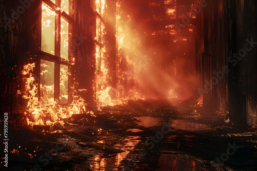 Haunting Inferno:Eerie Flames Engulf Abandoned Industrial Backdrop in Cinematic,Hyper-Detailed 3D Render
