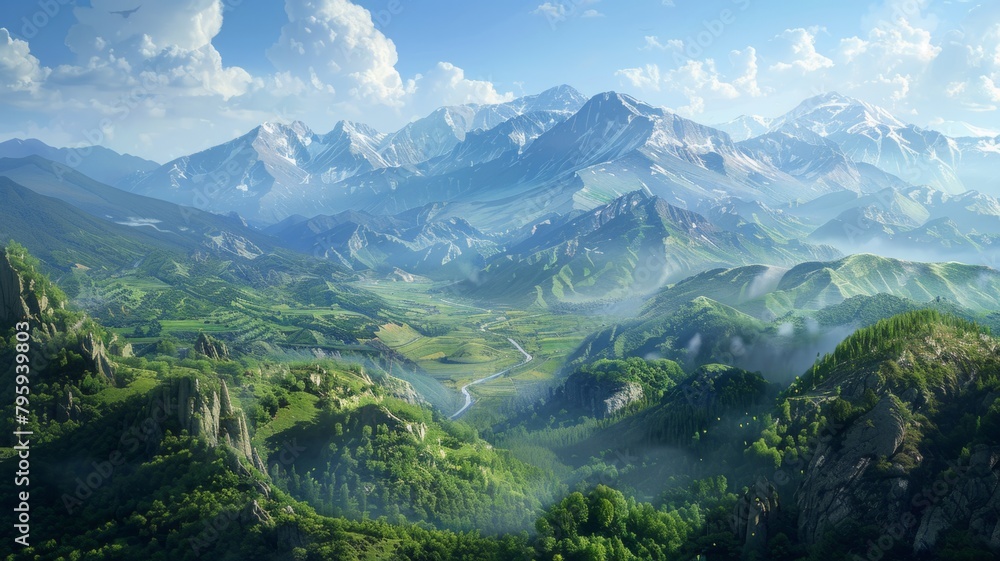 Sprawling green mountain valley landscape - This image captures a sprawling valley with intricate greenery and towering mountains under a clear sky