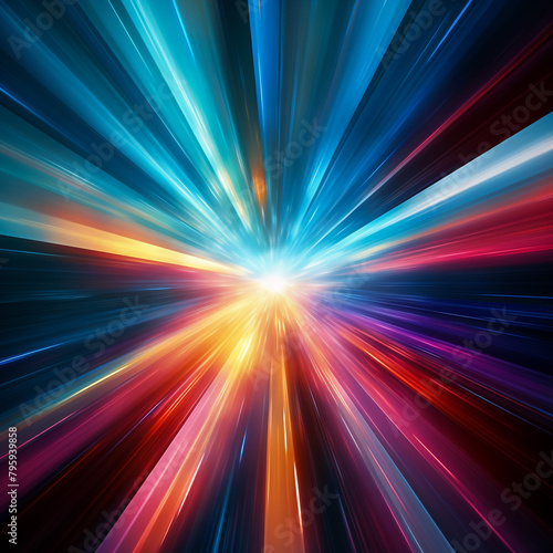 Abstract background in blue and purple neon glow colors on black. Speed of light in galaxy. Explosion in universe. Cosmic background for event, party, carnival, celebration, anniversary or other.