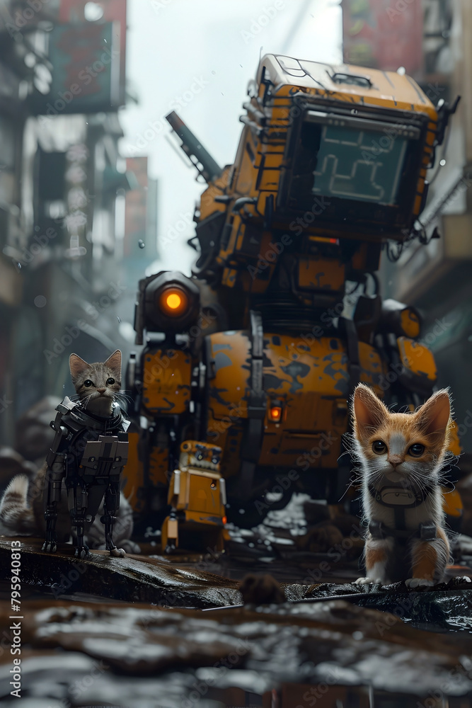 Intrepid Animal Trio Navigates Cityscape Overrun by Robotic Sentinels