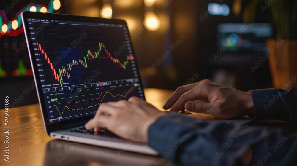 A businessman analyzing financial data on a laptop with graphs of stock market trends A businessman analyzing financial data on a laptop with graphs of stock market trends