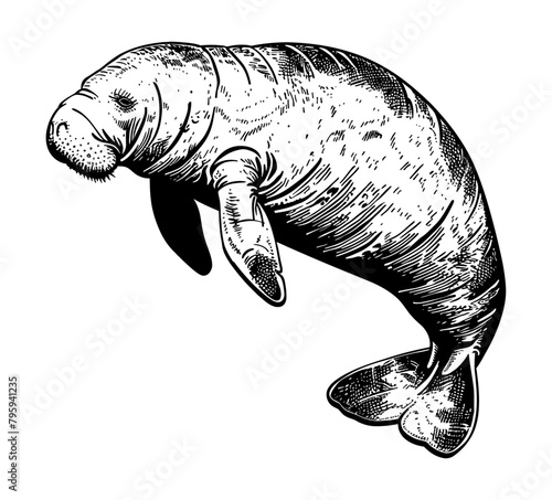 manatee engraving black and white outline
