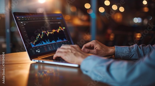 A businessman analyzing financial data on a laptop with graphs of stock market trends