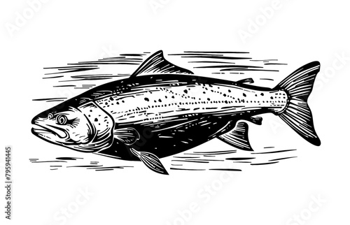 salmon engraving black and white outline
