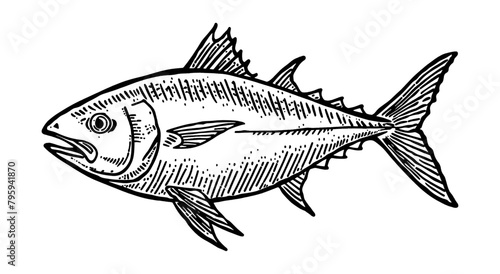 tuna engraving black and white outline