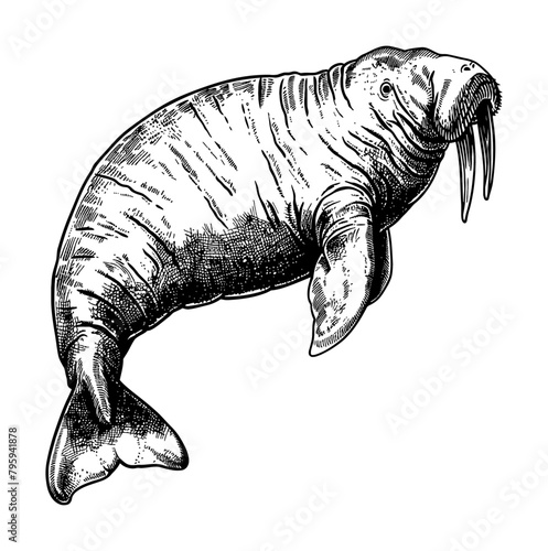 walrus engraving black and white outline