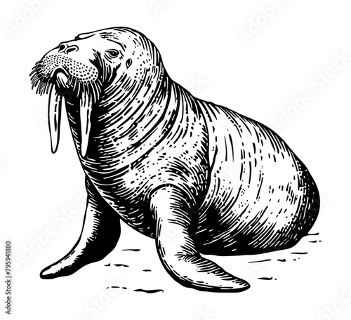 walrus engraving black and white outline