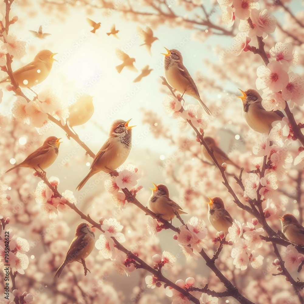 Flock of birds are singing happily on the branches of a tree with spring flower blossoms and sun light , spring season background Flock of birds are singing happily on the branches of a tree with spring flower blossoms and sun light , spring season background