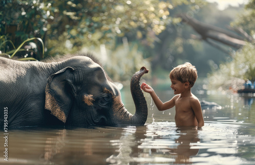 two young boys and an elephant playing in the river on a sunny day