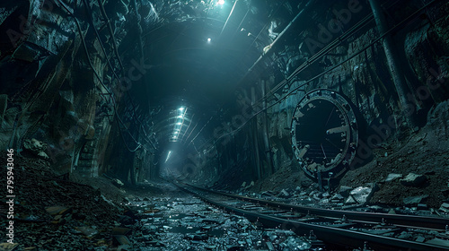 Sinister and Haunting Gothic Industrial Mine Tunnel in Cinematic,Photographic Style with Details