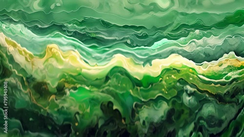 An abstract representation of a jatropha plantation with vibrant splashes of emerald jade and sage green blending together in a mesmerizing display. The waves in the background add . photo