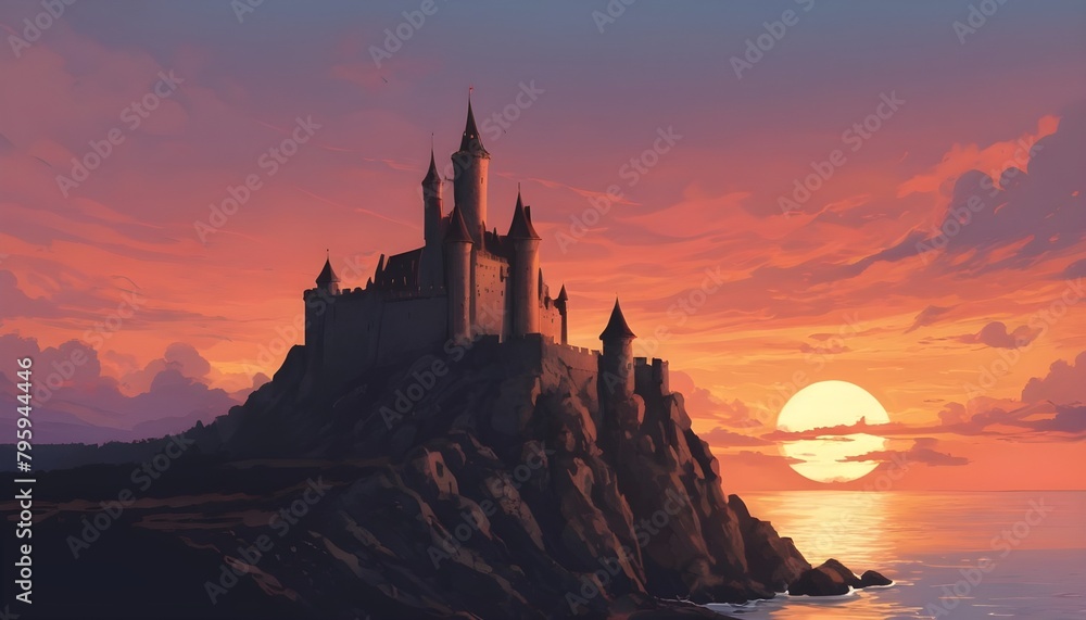 As the sun rises behind distant peaks, a castle on a mountain is bathed in the warm light of dawn, creating a serene and enchanting scene that heralds the beginning of a new day.