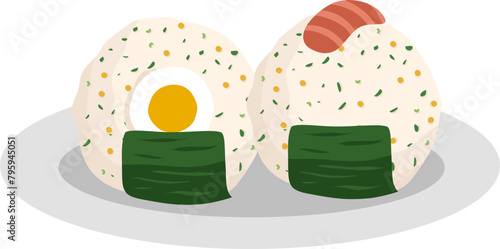  Japanese food onigiri rice ball. Onigiri japanese rice ball  with nory seaweed various taste. Asian rice food. Japanese fast food.