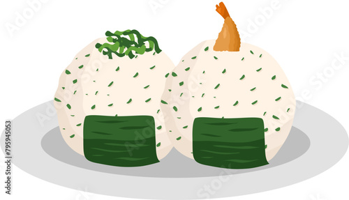  Japanese food onigiri rice ball. Onigiri japanese rice ball  with nory seaweed various taste. Asian rice food. Japanese fast food.