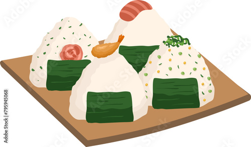  Japanese food onigiri rice ball. Onigiri japanese rice ball  with nory seaweed various taste. Asian rice food. Japanese fast food.