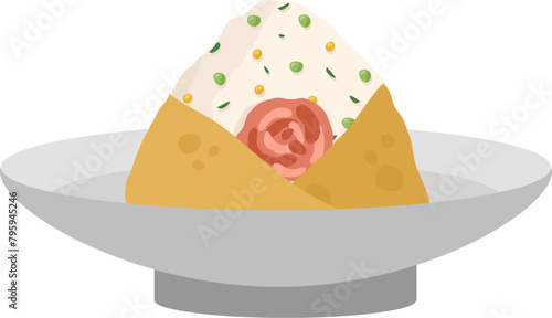  Japanese food onigiri rice ball. Onigiri japanese rice ball  with nory seaweed various taste. Asian rice food. Japanese fast food.