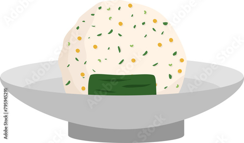  Japanese food onigiri rice ball. Onigiri japanese rice ball  with nory seaweed various taste. Asian rice food. Japanese fast food.